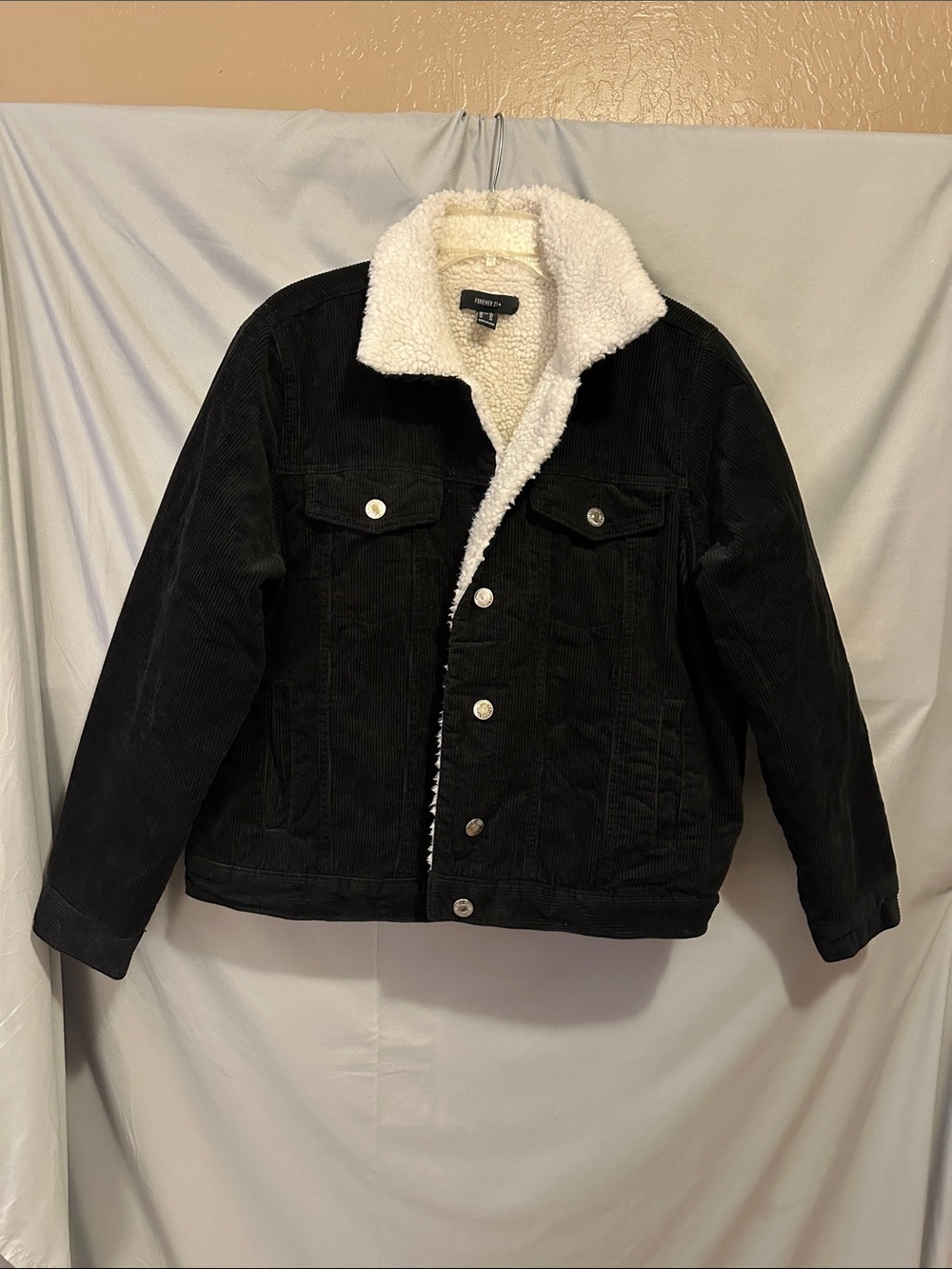 Forever 21 Black Corduroy Jean Jacket with Cream Sherpa Lining